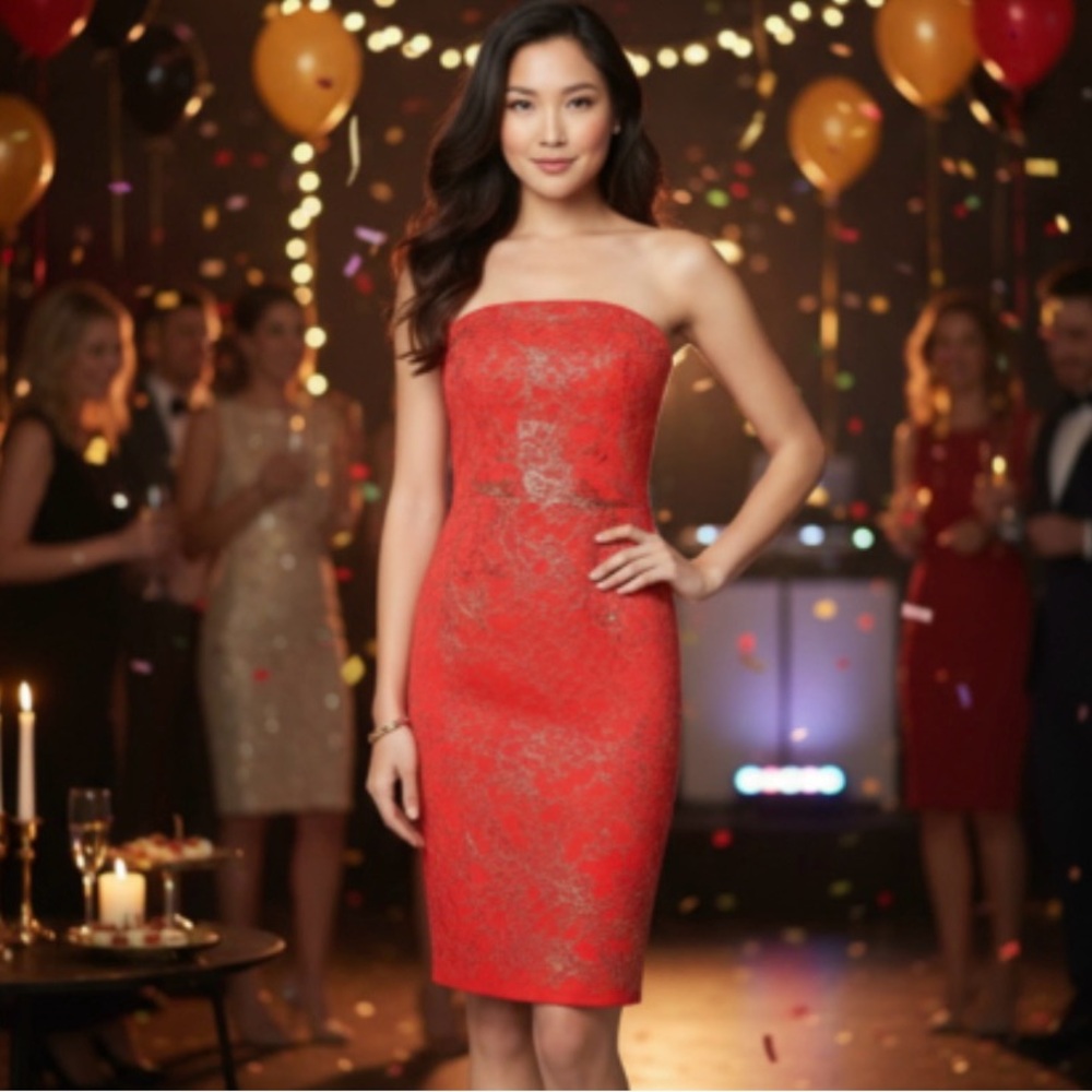 Cache Red Strapless Cocktail Dress